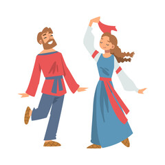 Poster - Slav or Slavonian Man and Woman Character in Ethnic Clothing and Straw Shoes Dancing Vector Illustration