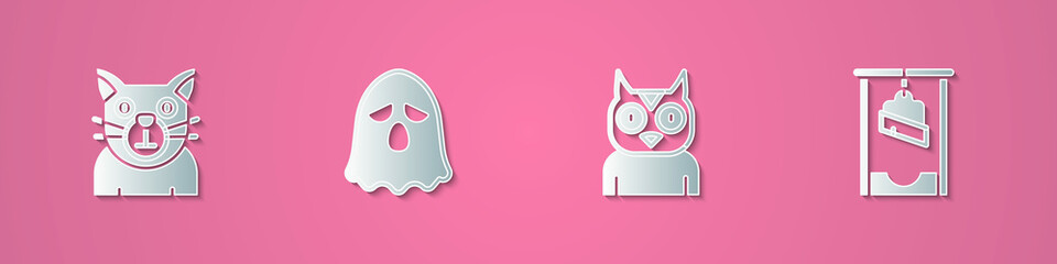 Sticker - Set paper cut Cat, Ghost, Owl bird and Guillotine icon. Paper art style. Vector