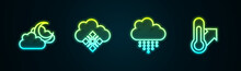 Set Line Cloud With Moon, Snow, Rain And Meteorology Thermometer. Glowing Neon Icon. Vector