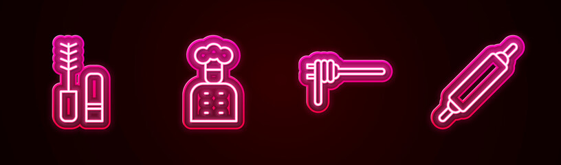 Poster - Set line Mascara brush, Italian cook, Pasta spaghetti and Rolling pin. Glowing neon icon. Vector