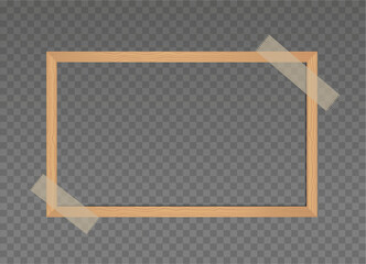 Wall Mural - Wooden frame on sticky tape on transparent background. Vector realistic horizontal beige template. Mockup for photos or pictures. Front view. EPS10. 