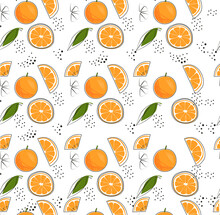 Citrus Fruit Seamless Pattern. Pictures For Printing On Fabric And Tshirt, Beautiful Bedding. Pencil Drawn Oranges, Summer Fruits. Cartoon Flat Vector Illustration Isolated On White Background