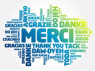 Poster - Merci (Thank You in French) word cloud in different languages