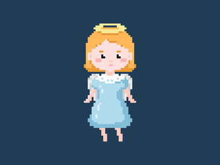 Poster - Pixel art Christmas girl angel in a blue dress with a halo. Old school 8 bit style retro illustration of winter angel girl with nimbus. Isolated winter avatar.