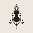 Christmas tree music design element. Violin and notes icon for musical event. Silhouette, vector illustration.