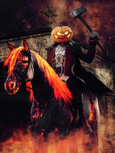 Monster Horseman With A Pumpkin Head Riding A Ghost Horse And Holding An Axe In His Hand. 3D Render.