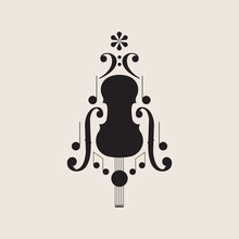 Christmas Tree Music Design Element. Violin And Notes Icon For Musical Event. Silhouette, Vector Illustration.