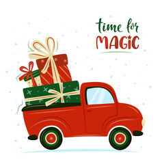 Red retro car with Christmas presents. X-mas truck with gift boxes. Vector illustration in cartoon style. For Christmas or New Year cards, poster, banner.