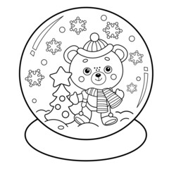 Canvas Print - Coloring Page Outline Of Snow globe with little bear with Christmas tree. New year. Christmas. Coloring book for kids