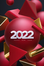 Holiday vector illustration of white paper numbers 2022 and abstract red and golden geometric 3d shapes