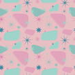 1950s pink and mint green abstract seamless vector pattern. Retro vintage 50s mid century modern style illustration. Fifties starburst and triangle shapes, repeat background wallpaper texture print. 