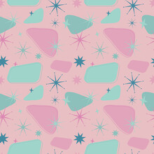 1950s Pink And Mint Green Abstract Seamless Vector Pattern. Retro Vintage 50s Mid Century Modern Style Illustration. Fifties Starburst And Triangle Shapes, Repeat Background Wallpaper Texture Print. 