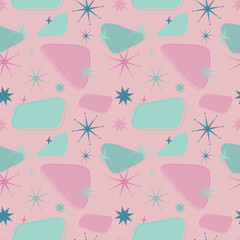 Wall Mural - 1950s pink and mint green abstract seamless vector pattern. Retro vintage 50s mid century modern style illustration. Fifties starburst and triangle shapes, repeat background wallpaper texture print. 