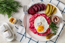 Labskaus, Mashed Potatoes With The Beet, Fried Egg