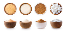 Heap Of Cane Sugar, White And Coconut Sugar Isolated On White  Top View. Brown And White Sugar Isolation In Different Angles. Natural Sugar On Wooden Bowl  Isolated On White. Selective Focus.