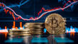 © Bildwerk - 3d Illustration oder rendering von Bitcoin Stapel vor Diagrammen und Charts symbolisiert den Aktienmarkt von Kryptowährung