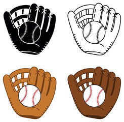 Glove with Baseball Clipart Set - Outline, Silhouette and Colored
