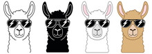 Cool Llama With Sunglasses Clipart Set - Outline, Silhouette And Color