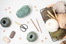 Craft Hobby Background With Yarn In Natural Colors. Recomforting, Destressing Hobby For Cold Fall And Winter Weather. Mock Up, Copy Space, Top View