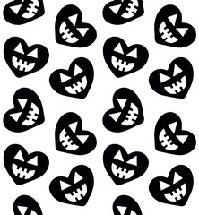 Sticker - Vector seamless pattern of flat hand drawn heart with Halloween pumpkin face silhouette isolated on white background