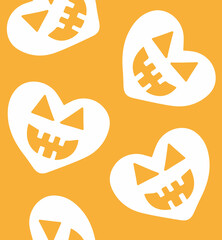 Sticker - Vector seamless pattern of flat hand drawn heart with Halloween pumpkin face isolated on orange background