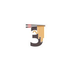 Number 3 with chopsticks and noodle icon logo design