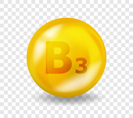 Vitamin B3 Niacin. Vitamin complex illustration concept. B3 Niacin pill capsule. 3D Yellow drug nutrition design