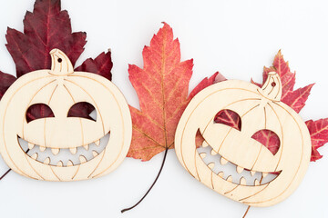 Poster - two jack o lanterns on maple leaves