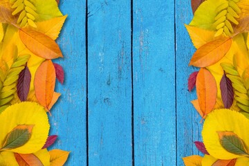 Poster - Autumn mood background. Frame made of autumn dried leaves on the desk