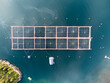Aerial view of salmon farms in the Reloncaví estuary, Los Lagos Region in southern Chile.