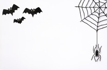 Halloween Theme With Spiders, Web And Bats On White Background