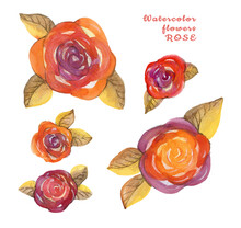 Watercolor Set Flower Hand-painted Red Orange Bud Rose On A White Background. Isolated Wildrose Flowers And Three Yellow Brown Leafs Element For Wedding Packaging And Web.