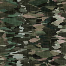 Camouflage Dark Underbrush Wood Style Texture Material. Seamless Pattern In Earth Tones Hidden Effect. Military And Army Jungle Forest Design On Khaki Cotton Textile Print.