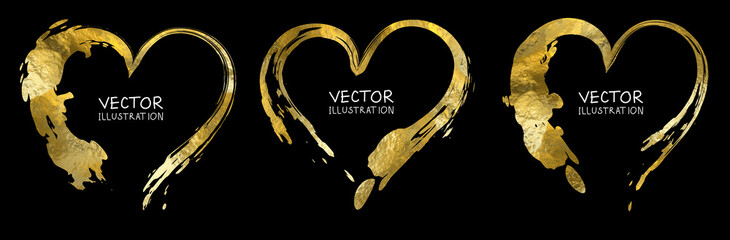 Wall Mural - Gold heart isolated on black backgrounds set, hand painted golden vector.