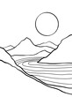 Mountain river and sun line art on white background