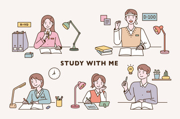 Wall Mural - students are sitting at their desks and studying hard. flat design style vector illustration.