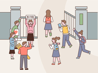Wall Mural - students are entering the entrance to take the entrance exam, and people are cheering. flat design s