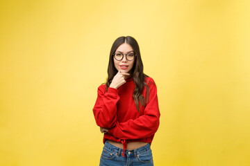 Wall Mural - Portrait Happy Asian girl is surprised she is excited.Yellow background studio