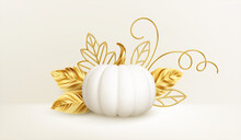 3d Realistic White Golden Pumpkin With Golden Leaves, Curls Isolated On White Background. Thanksgiving Background With Pumpkins. Vector Illustration