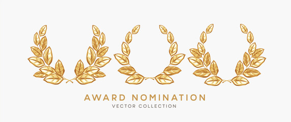 Wall Mural - set of 3d realistic gold laurel wreath winner award nominations isolated on white background. award,