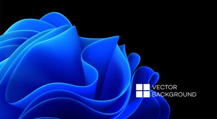 blue wavy shapes on a black background. 3d trendy modern background. blue waves abstract shape. vect
