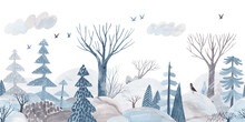 Winter Forest. Gouache Landscape. Children's Horizontal Poster. Horizontal Border. Seamless Pattern.