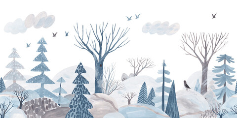 Winter forest. Gouache landscape. Children's horizontal poster. Horizontal border. Seamless pattern.