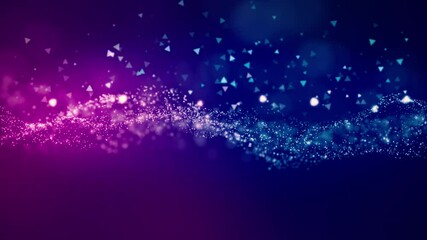 Slow motion pink and blue moving particles with glowing triangle shapes floating. Universe dust with stars on dark background. Abstract motion of particles in 4K. Seamless loop.