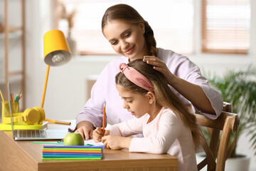 Poster - Little girl with her mother doing lessons at home