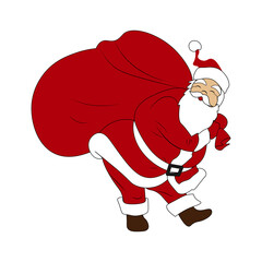 Cute happy Santa Claus with a huge bag on the run to delivery christmas gifts. Merry Christmas and happy new year text vector illustration  in flat cartoon style for card, banner design.