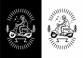 Wall Mural - Black and white color of man riding scooter line art