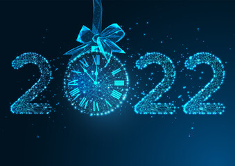 Happy New Year digital web banner template with futuristic glowing low polygonal 2022 number and festive clock