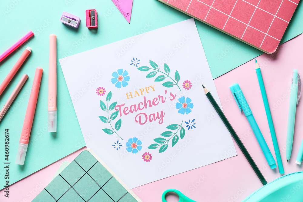 Happy Teacher's Day concept. School supplies and greeting card on color background, top view