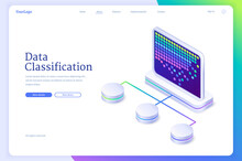 Data Classification Isometric Landing Page, System Of Electronic Database For Corporate Business. Monitor With Colorful Dots And Files Or Folders Separated By Relevant Categories, 3d Vector Web Banner